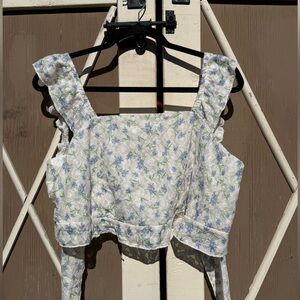 Floral Textured Tie-Back Crop Top | White Blue Cottagecore Tank